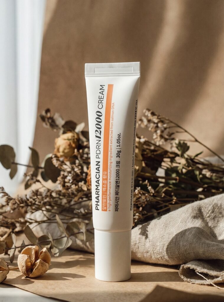 Pharmacian PDRN12000 cream 30 g tube on linen with dried botanicals